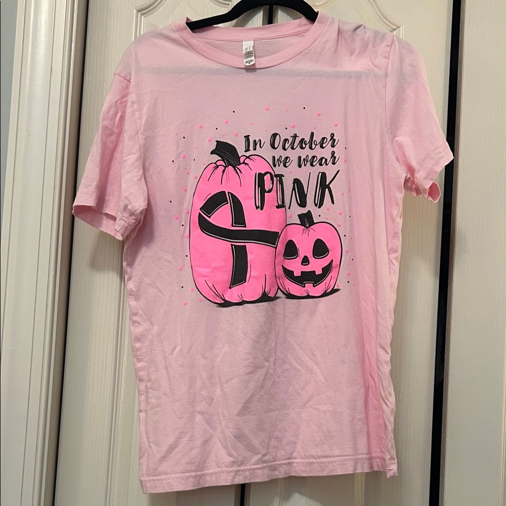 Pink Halloween Pumpkin Tee Breast Cancer Awareness In October We Wear Pink Quote